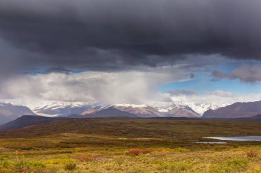 Yazın Alaska 'nın Picturesque Dağları. Kar, kütleleri, buzulları ve kayalık tepeleri kapladı. Güzel doğal arkaplan.