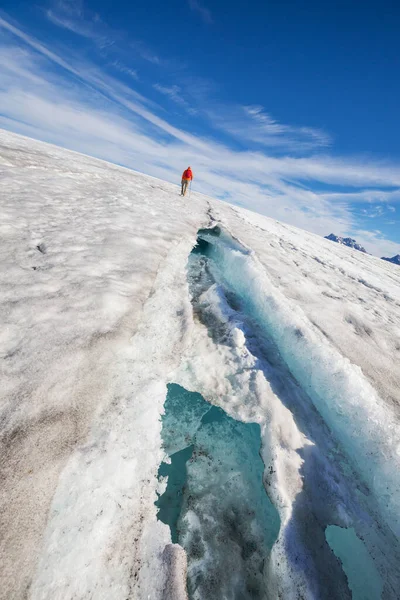 Άνθρωπος Πεζοπορία Στο Γιγαντιαίο Παγετώνα Στον Καναδά — Φωτογραφία Αρχείου