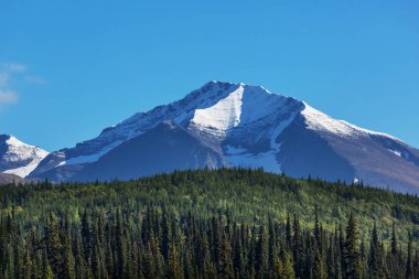 Yazın Alaska 'nın Picturesque Dağları. Kar, kütleleri, buzulları ve kayalık tepeleri kapladı. Güzel doğal arkaplan.