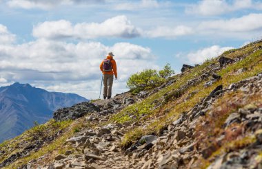 Hiker in beautiful mountains in Tombstone Territorial Park, Yukon, Canada