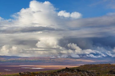 Tundra landscapes above Arctic circle in autumn season. Beautiful natural background.