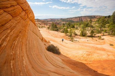 Utah dağlarında yürüyüş. Alışılmadık doğal manzaralarda yürüyüş. Fantastik kumtaşı oluşumları.