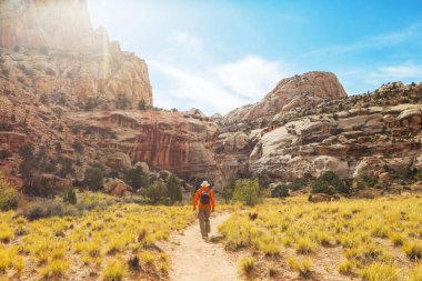Utah dağlarında yürüyüş. Alışılmadık doğal manzaralarda yürüyüş. Fantastik kumtaşı oluşumları.