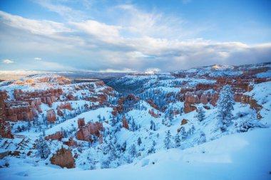 Kış mevsiminde Bryce Canyon Ulusal Parkı 'nın renkli pembe kayaları Utah, ABD