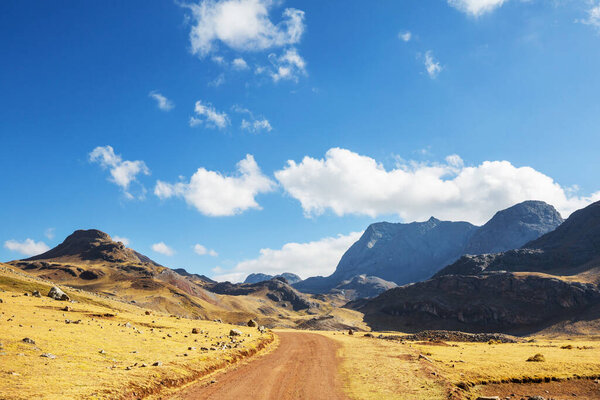 Scenic road in the Cordillera mountains in Peru. Travel background.