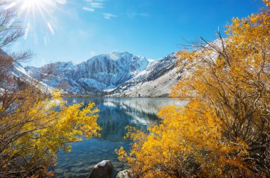 Kış erken dağlarında güzel bir doğa manzarası. Sierra Nevada manzaraları. ABD, Kaliforniya. Seyahat ve kış tatili geçmişi.