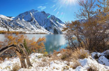 Kış erken dağlarında güzel bir doğa manzarası. Sierra Nevada manzaraları. ABD, Kaliforniya. Seyahat ve kış tatili geçmişi.