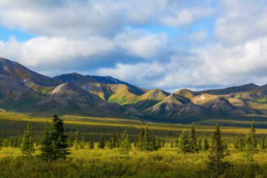 Yazın Alaska 'nın Picturesque Dağları. Kar, kütleleri, buzulları ve kayalık tepeleri kapladı. Güzel doğal arkaplan.