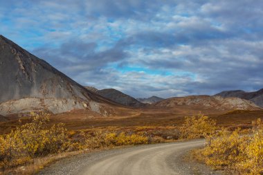 Sonsuz Dempster karayolu yakınındaki Kuzey Kutup dairesi, Dawson City Inuvik, Kanada için önde gelen uzak çakıl yol