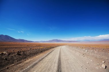 Altiplano, Bolivya 'daki manzara yolu. Seyahat arkaplanı.