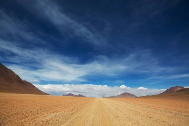 Altiplano, Bolivya 'daki manzara yolu. Seyahat arkaplanı.