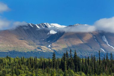 Yazın Alaska 'nın Picturesque Dağları. Kar, kütleleri, buzulları ve kayalık tepeleri kapladı. Güzel doğal arkaplan.