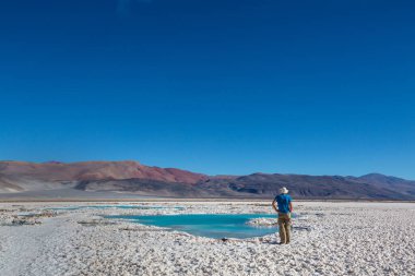 Kuzey Arjantin, Salar Antofalla 'da Laguna Verde yakınlarında turist.