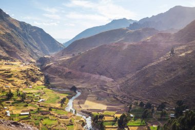 Peru, Güney Amerika 'daki yeşil dağlardaki tarım arazileri