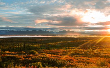 Picturesque Mountains of Alaska in autumn. Snow covered massifs, glaciers and rocky peaks, orange trees. Beautiful natural background.