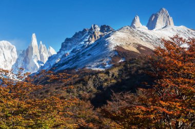Ünlü Cerro Fitz Roy ve Cerro Torre. Patagonya, Arjantin 'in en güzel ve vurgulanması en zor zirvelerinden biri. Sonbahar mevsimi.