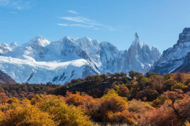 Arjantin 'in Patagonya dağlarındaki meşhur Cerro Torre zirvesi. Güney Amerika 'daki güzel dağ manzaraları. Sonbahar mevsimi.