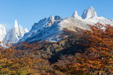 Ünlü Cerro Fitz Roy ve Cerro Torre. Patagonya, Arjantin 'in en güzel ve vurgulanması en zor zirvelerinden biri. Sonbahar mevsimi.