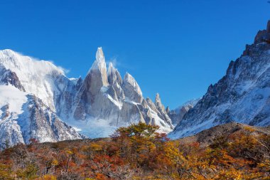 Arjantin 'in Patagonya dağlarındaki meşhur Cerro Torre zirvesi. Güney Amerika 'daki güzel dağ manzaraları. Sonbahar mevsimi.