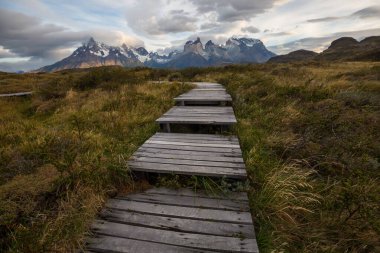 Şili 'deki Torres del Paine Ulusal Parkı' ndaki güzel dağ manzaraları. Dünyaca ünlü yürüyüş bölgesi.