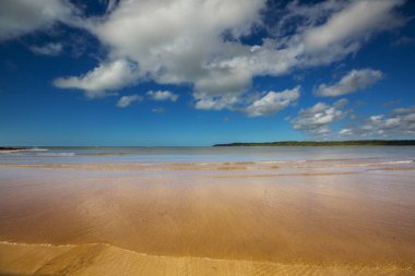 Kumda ayak izleri. Turkuaz suyu ve sarı kumsalı olan güzel bir sahil..