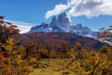 Ünlü Cerro Fitz Roy ve Cerro Torre. Patagonya, Arjantin 'in en güzel ve vurgulanması en zor zirvelerinden biri. Sonbahar mevsimi.