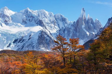 Arjantin 'in Patagonya dağlarındaki meşhur Cerro Torre zirvesi. Güney Amerika 'daki güzel dağ manzaraları. Sonbahar mevsimi.