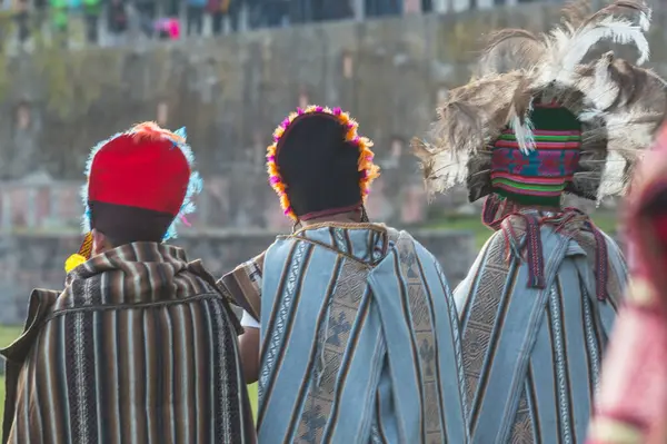 stock image Peruvian dancers with traditional dress in the historical center of Cusco.