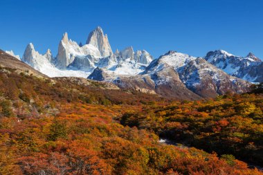 Ünlü Cerro Fitz Roy ve Cerro Torre. Patagonya, Arjantin 'in en güzel ve vurgulanması en zor zirvelerinden biri. Sonbahar mevsimi.