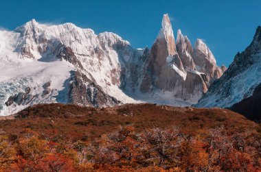 Arjantin 'in Patagonya dağlarındaki meşhur Cerro Torre zirvesi. Güney Amerika 'daki güzel dağ manzaraları. Sonbahar mevsimi.