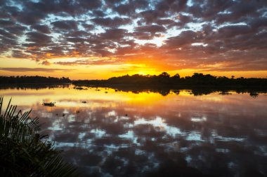 Gün batımında gölde gün batımı sahnesi. Güzel doğa manzaraları