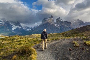 Hiker in Torres Del Paine National Park, Chile. World famous hiking region. clipart