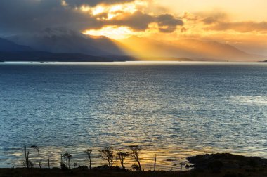 Dünyanın sonu. Beagle çevresindeki güzel doğal manzara. Ushuaia, Arjantin 'deki ses.