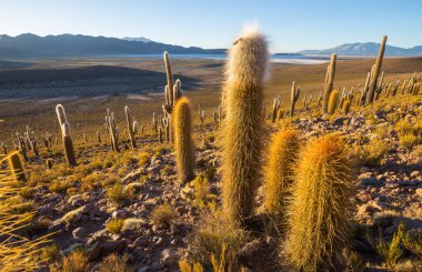 Şili, Altiplano 'daki dev kaktüs ormanı Kuzey Şili, Atacama bölgesi, Güney Amerika' daki gerçeküstü doğal manzaralar.