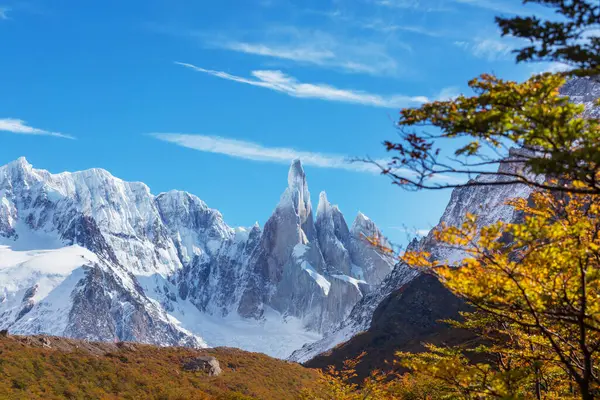 Arjantin 'in Patagonya dağlarındaki meşhur Cerro Torre zirvesi. Güney Amerika 'daki güzel dağ manzaraları. Sonbahar mevsimi.