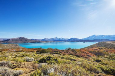 Patagonya dağlarında güneşli bir günde güzel bir göl. Arjantin, Güney Amerika 'da olağanüstü doğal manzaralar