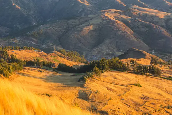 Peru, Güney Amerika 'daki yeşil dağlardaki tarım arazileri