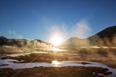 Gündoğumunda Altiplano 'daki jeotermal alan, Şili, Güney Amerika