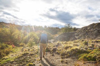 Sonbahar dağlarında yürüyüş. Sonbahar mevsimi teması.