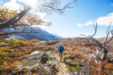 Sonbahar dağlarında yürüyüş. Sonbahar mevsimi teması.