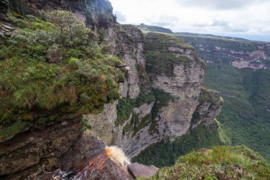 Brezilya ormanlarında şelalenin yanındaki turist