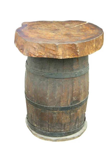 Stylowy Stół Wykonany Starej Drewnianej Beczki Odizolowanej Białym Tle — Zdjęcie stockowe