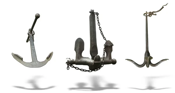 Iron Black Old Rusty Naval Anchor Isolated White Background Shadow — 스톡 사진