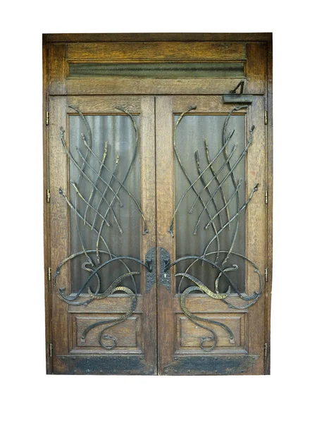 Vintage Marrone Porta Vecchia Legno Con Decorazione Forgiata Isolato Sfondo — Foto Stock