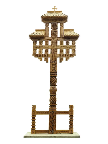 Old Decorated Orthodox Crucifix Cross Carved Wood Artwork — Stock Photo, Image