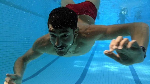 Blaue Unterwasserszene Mit Einer Person Die Wassersport Und Schwimmen Pool Stockbild