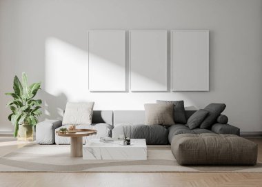 Kanepe ve boş tuval ile iç mekanın 3D canlandırması