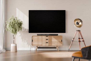 LED TV, ahşap dolabı olan oturma odası, minimal tasarım, 3D iç mimari. 