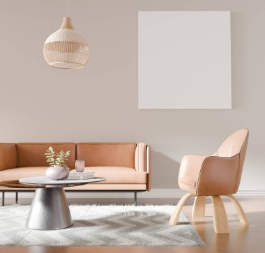 Güzel iç tasarımın 3d görüntüsü, boş çerçeve ile alay et