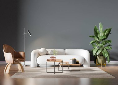 Güzel iç tasarımın 3d görüntüsü, boş çerçeve ile alay et